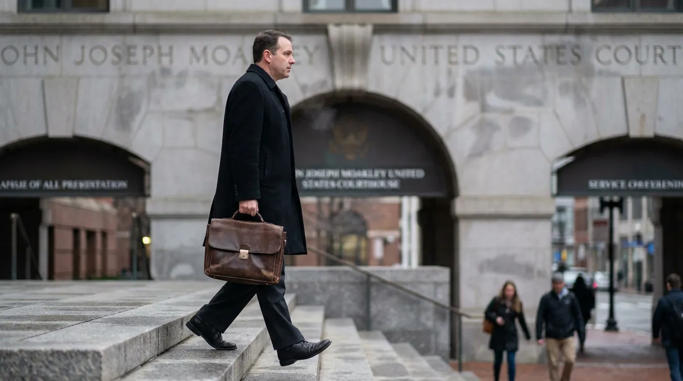 Immigration Attorney Entering Boston Federal Courthouse attorney carrying leather briefcase ascending steps outside John Joseph Moakley United States Courthouse