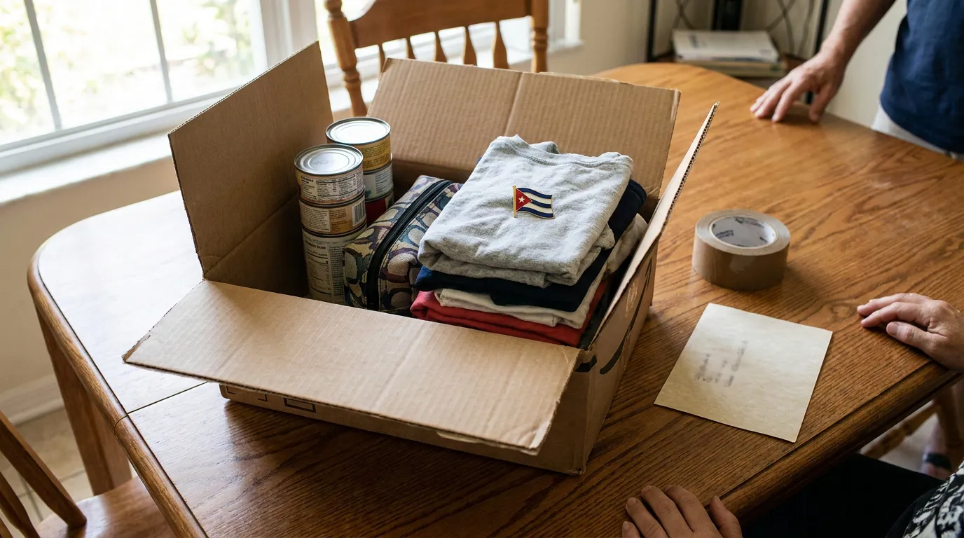 Care Package For Cuba Travel Hialeah Gardens open cardboard box with folded clothing, canned goods, and Cuban flag pin on table