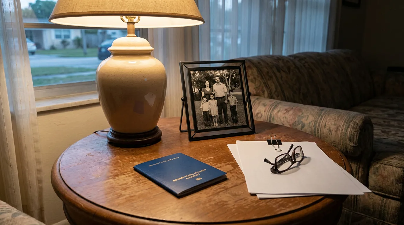 Refugee travel document passport beside framed family portrait and papers on table