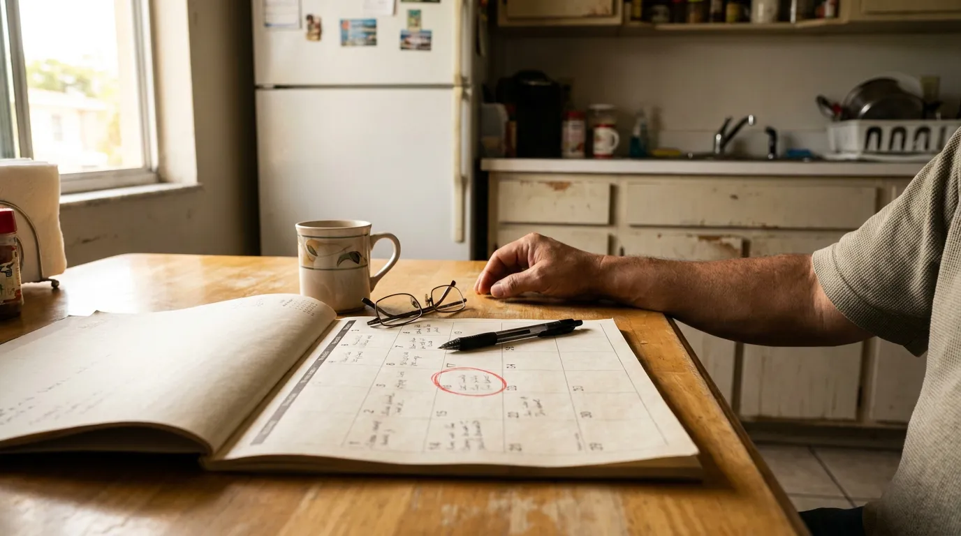 person reviewing open calendar with circled date, pen, and eyeglasses on kitchen table