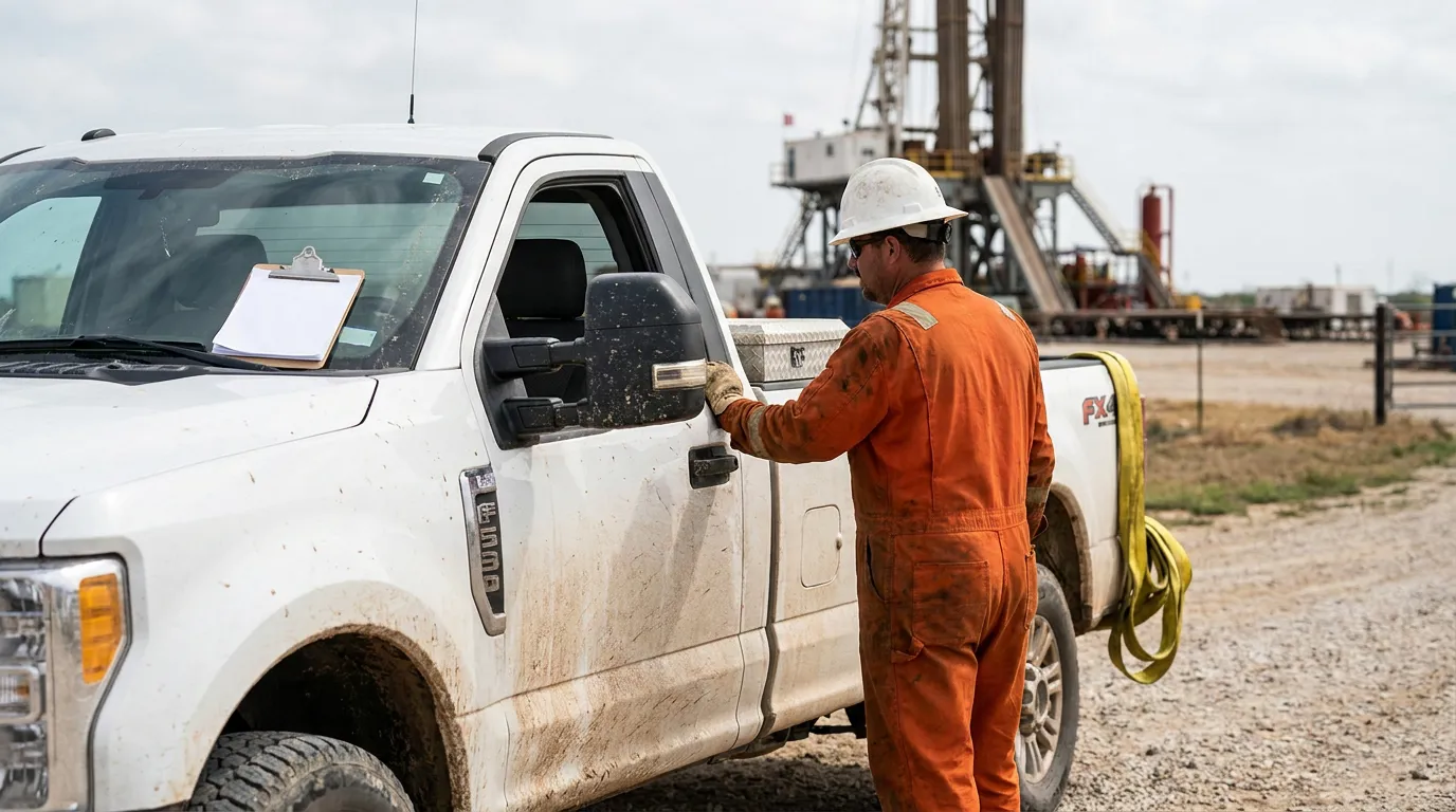 Texas Oilfield Worker Truck Drilling Rig oil field worker in coveralls and hard hat beside work truck near drilling rig