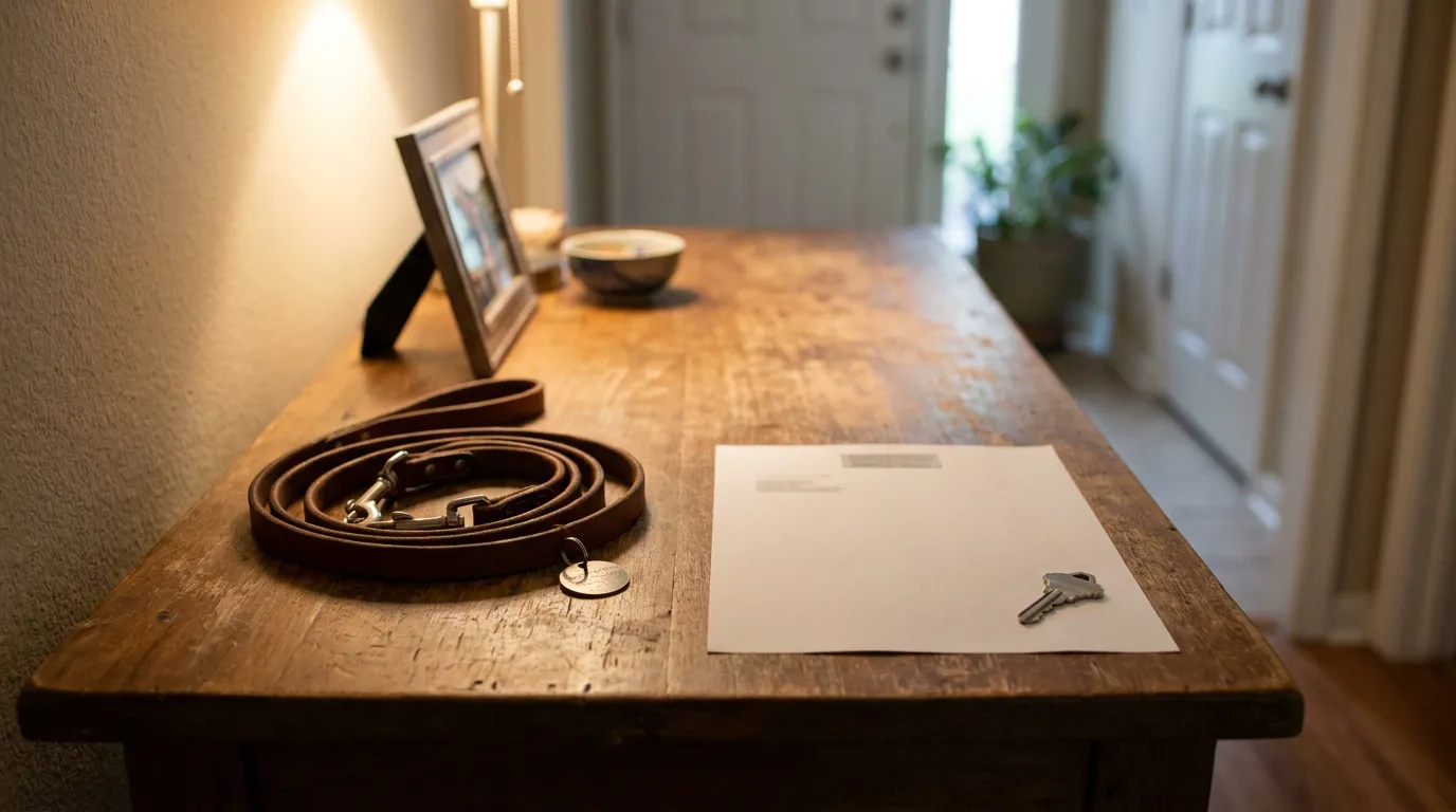 Ley De Correa Para Perros Sacramento dog leash, envelope, and keys resting on wooden entryway table near front door