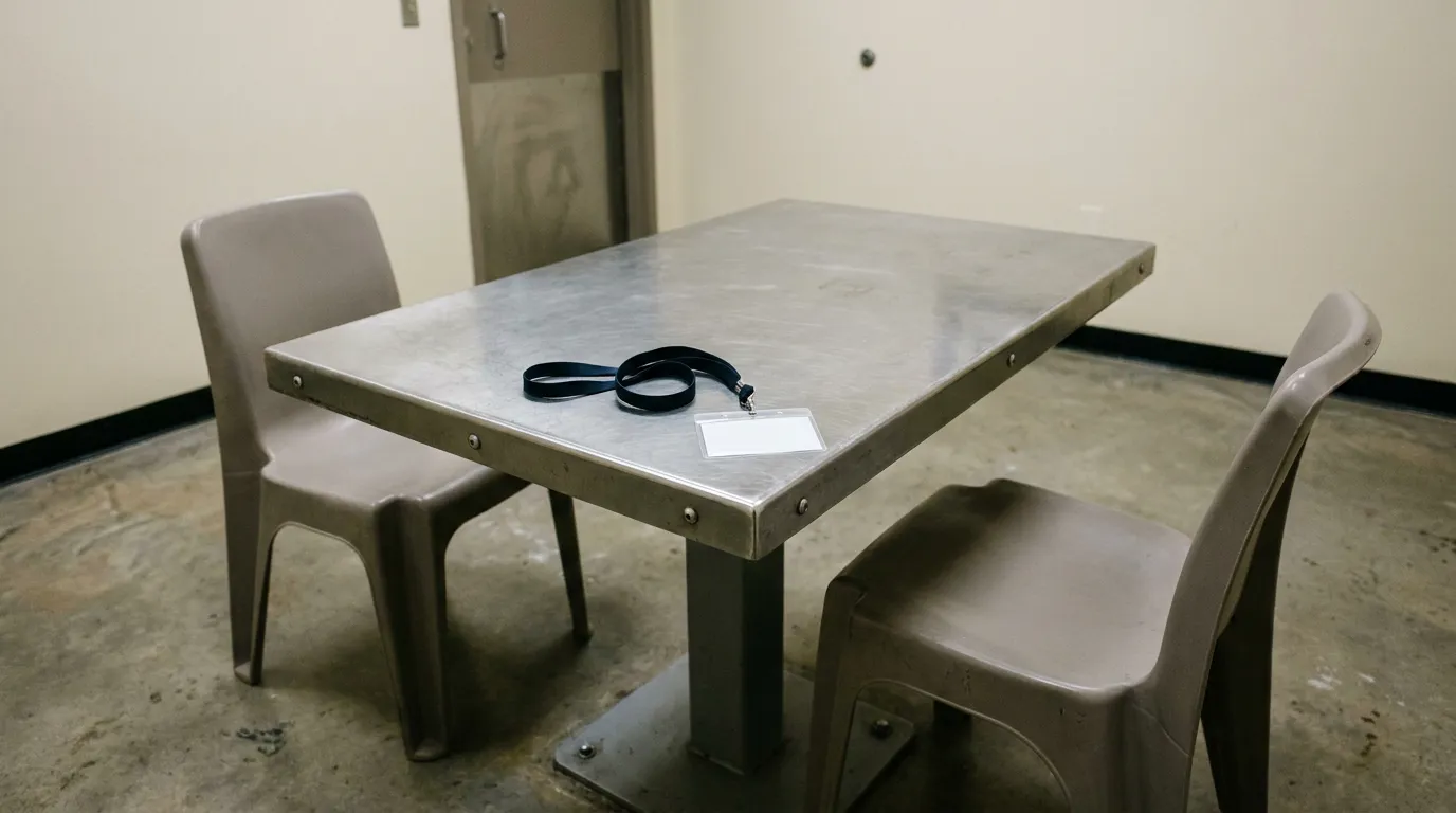Massachusetts Immigration Detention Center Interview Room sparse jail interview room with metal table, two chairs, and visitor lanyard