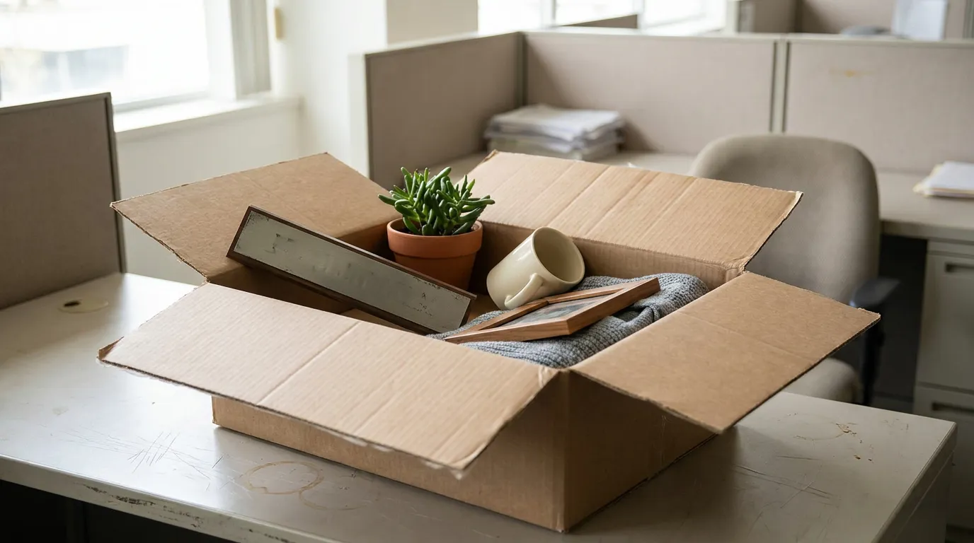 Packed Desk Box California Job Departure open cardboard box with potted plant, mug, and framed items on office desk