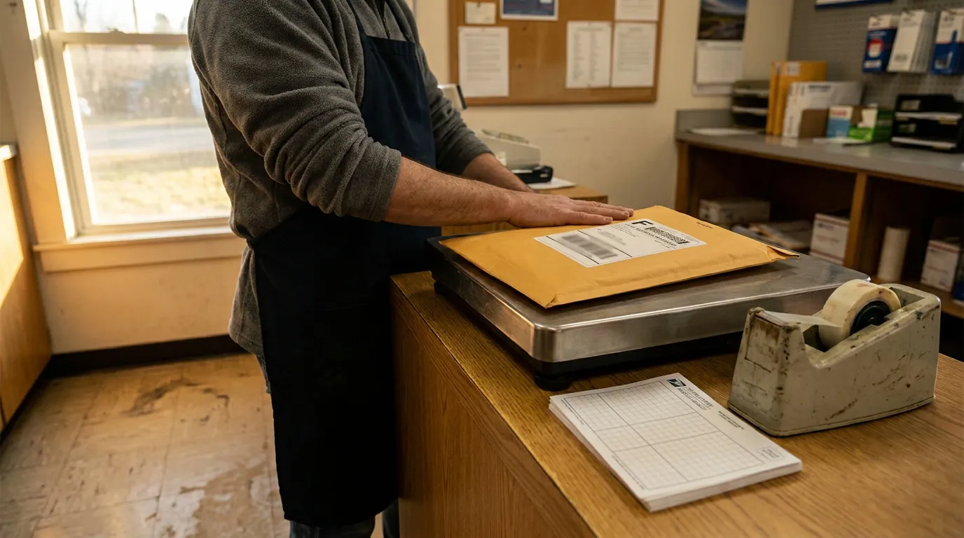 postal worker weighing labeled manila envelope on counter scale at post office