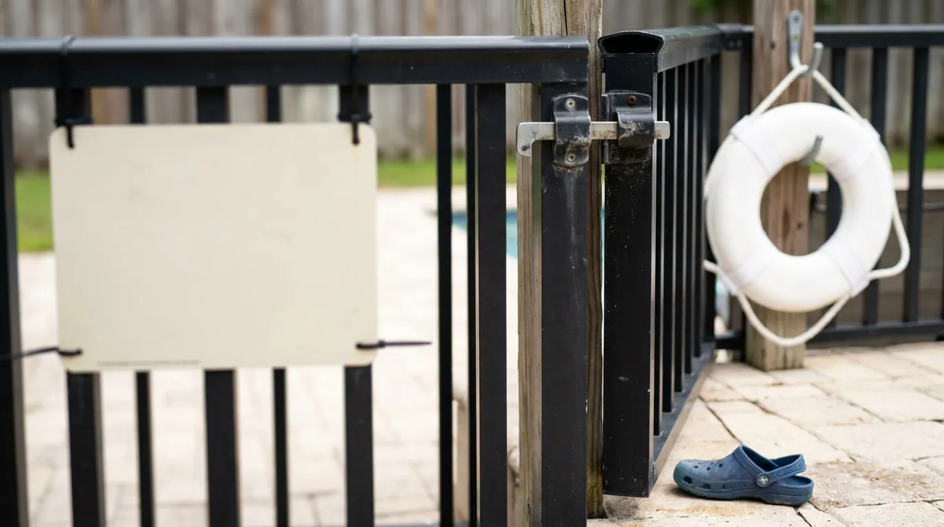 locked pool fence gate with life ring and child's shoe on patio