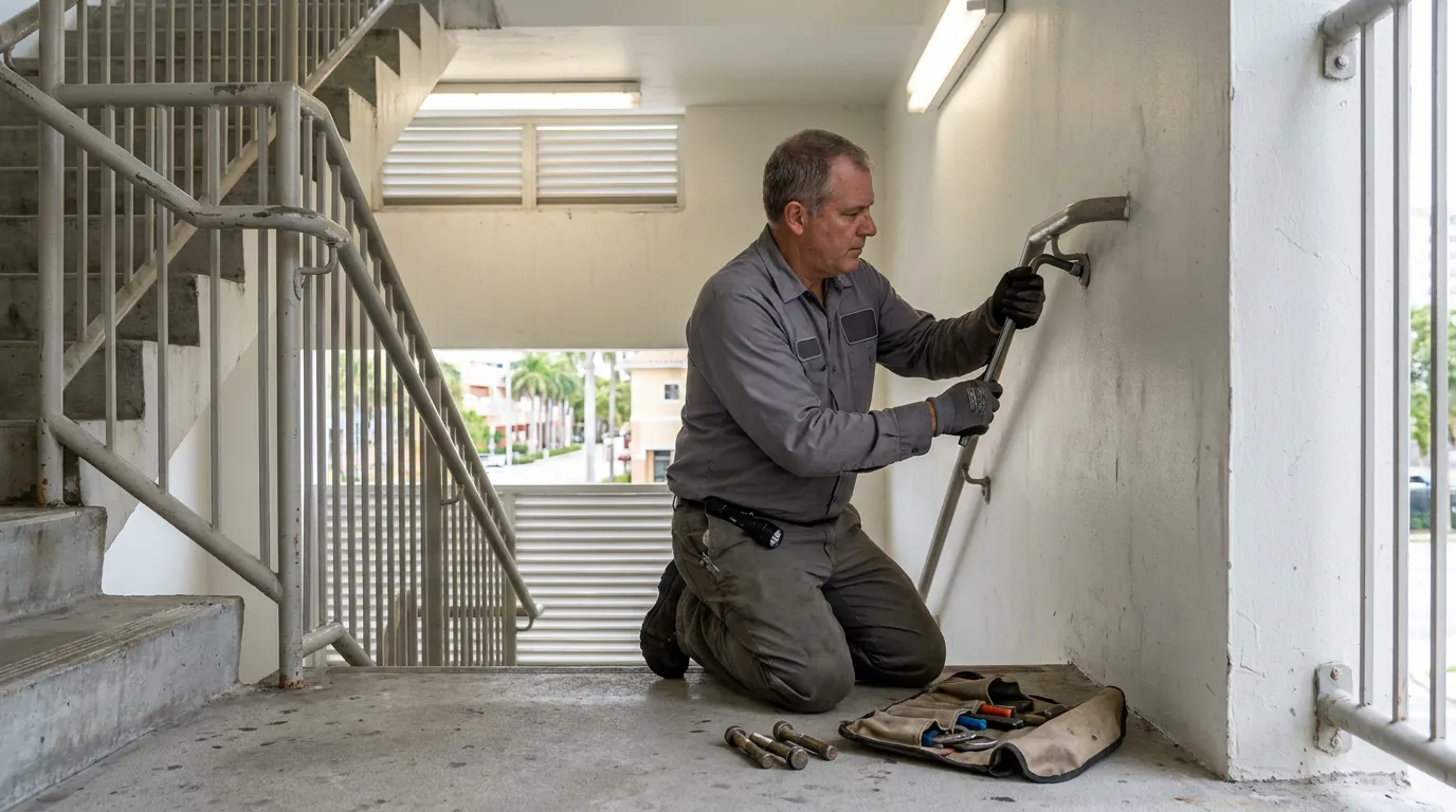 Broken Handrail Repair Stairway Fort Lauderdale maintenance worker kneeling on stairwell floor installing metal handrail with tools