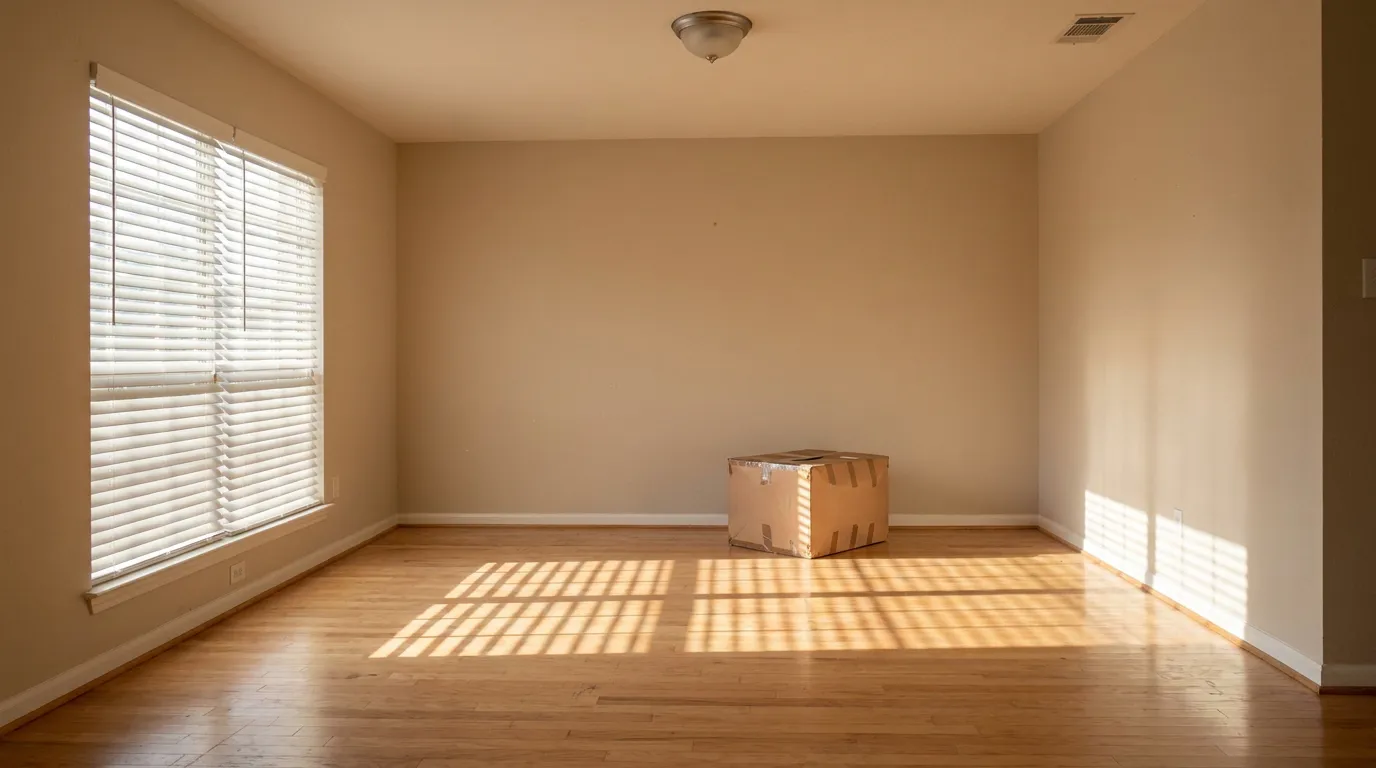 Empty Vacant Houston Home Insurance Vacancy Exclusion empty room with hardwood floors, window blinds, and single cardboard moving box