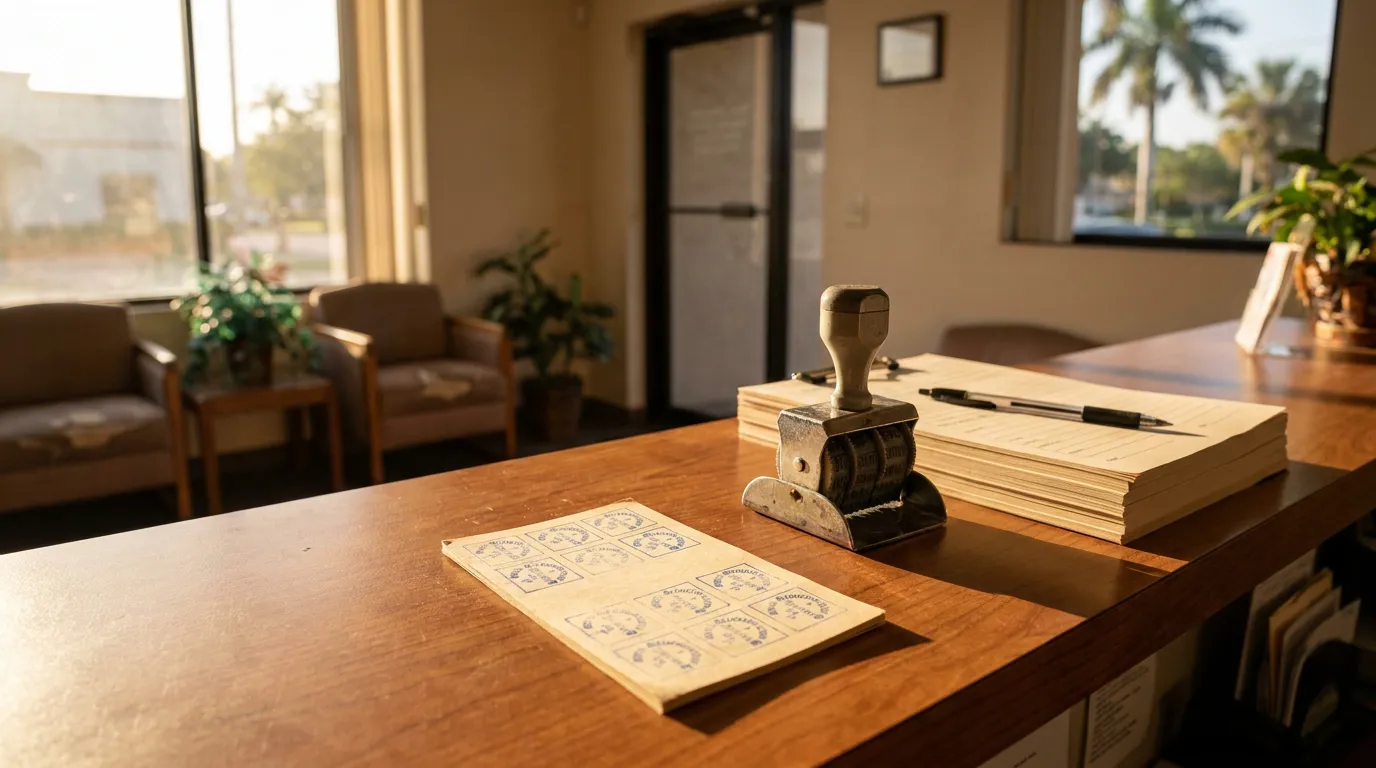 Fort Lauderdale Medical Records Desk Injury Claim notary rubber stamp and stamped document on law office reception desk