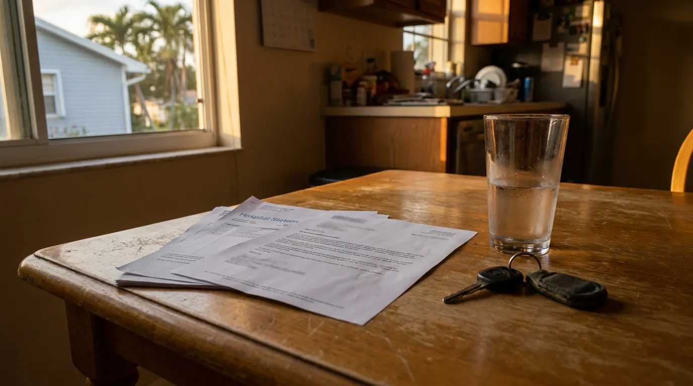 Hospital Bill Statement Fort Lauderdale Kitchen Table Hospital statement documents, car keys, and water glass on kitchen table