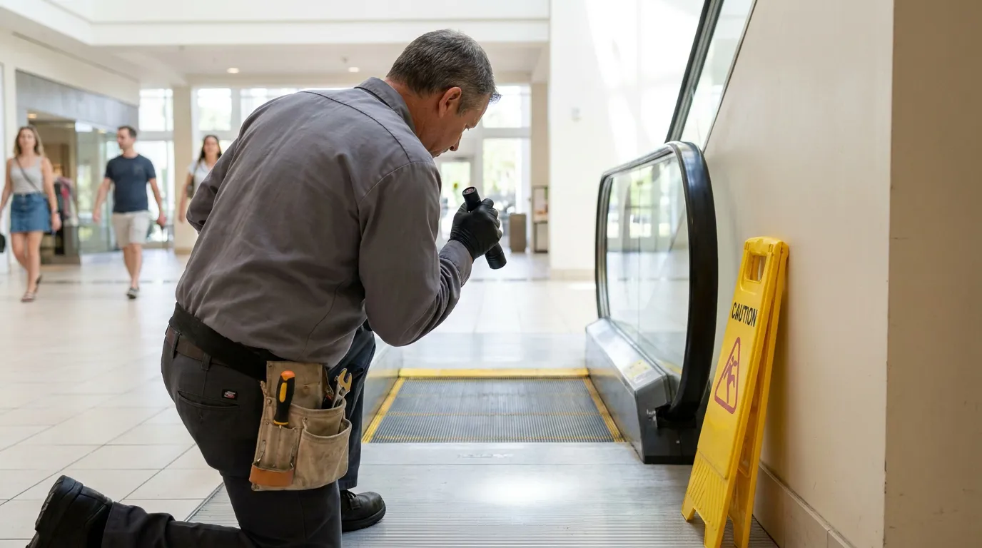 Fort Lauderdale Mall Escalator Accident Investigation technician with tool belt inspecting escalator base beside caution sign in public building