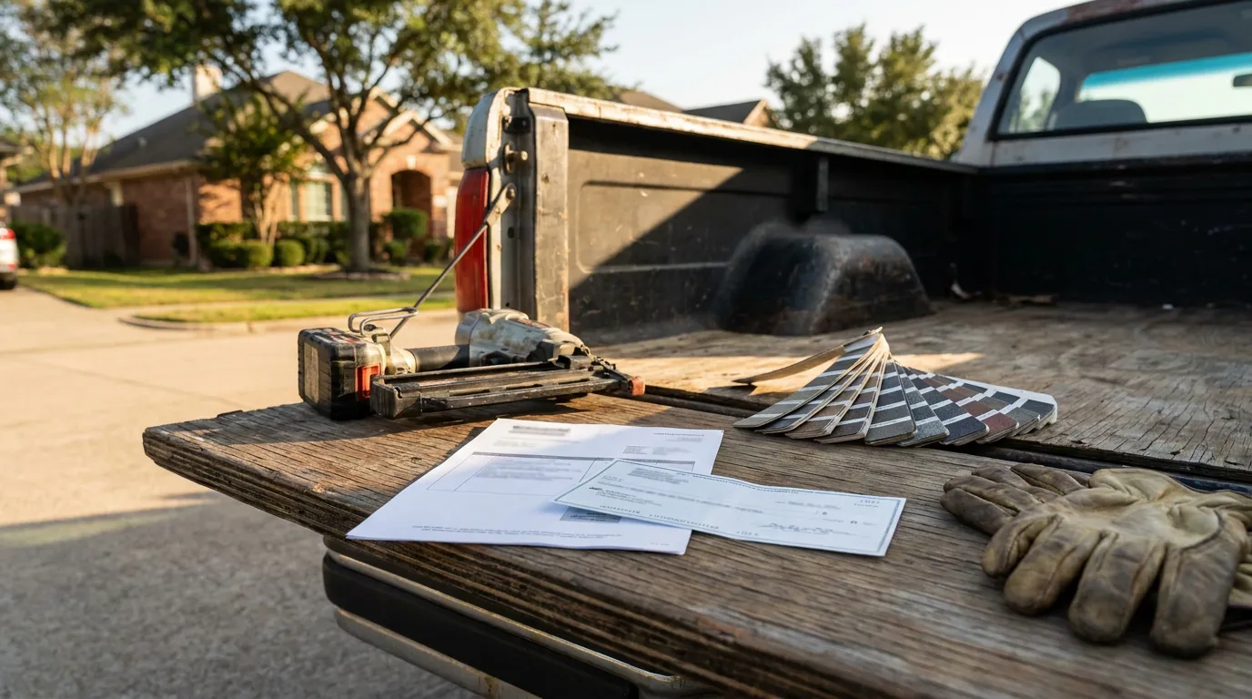 Houston Homeowners Claim Check And Repair Tools contractor documents, nail gun, work gloves, and material samples on truck tailgate