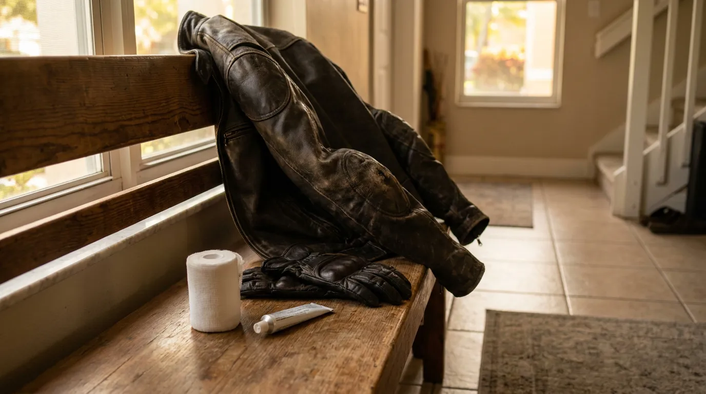 worn motorcycle jacket, gloves, bandage roll, and ointment tube on wooden bench