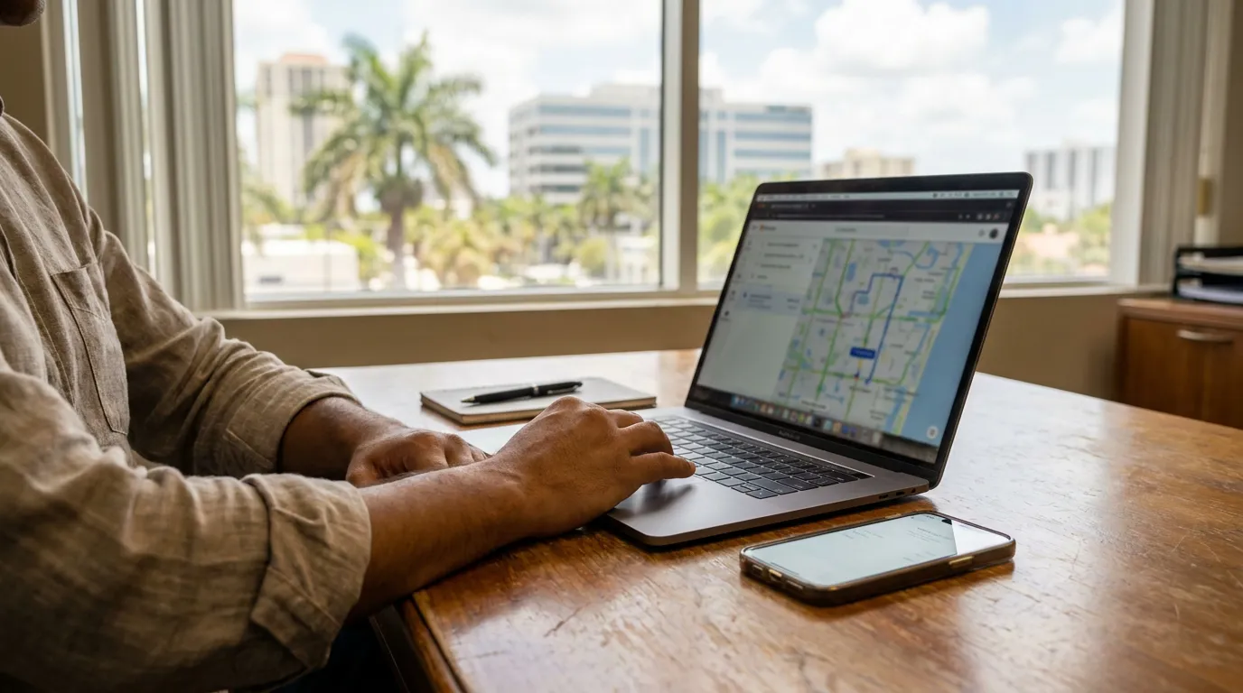 Attorney Reviewing Uber GPS Data Fort Lauderdale person using laptop displaying street map application at wooden desk