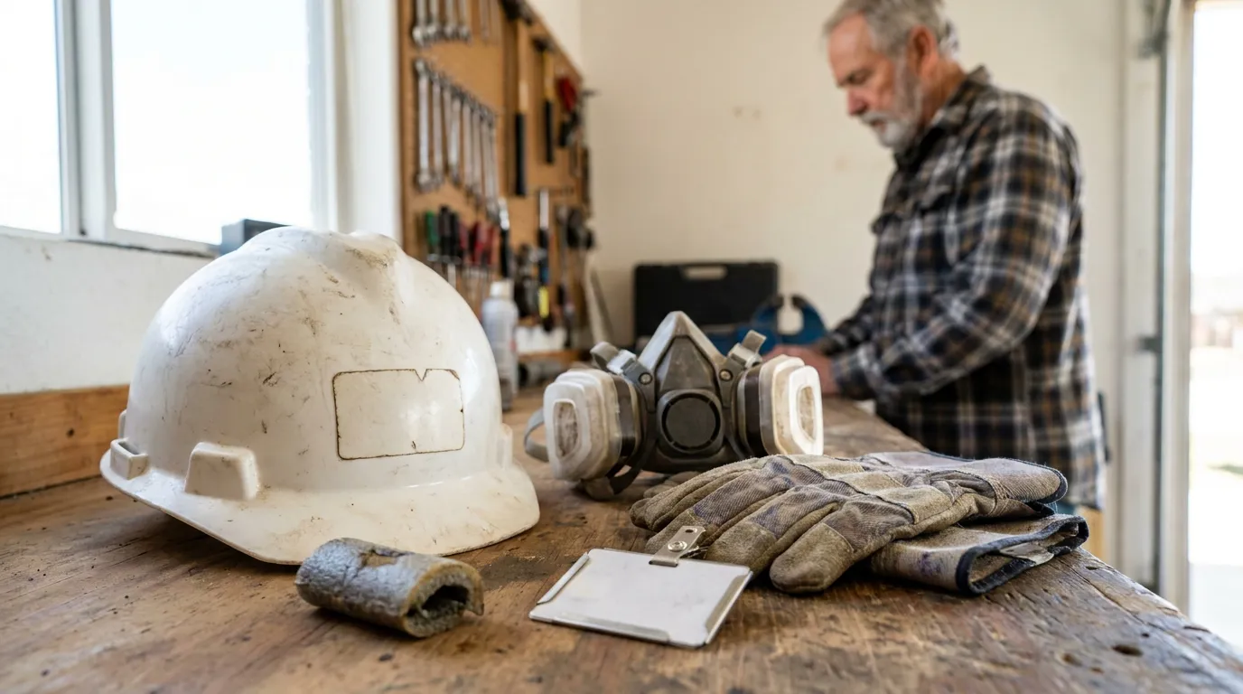hard hat, respirator mask, work gloves, and clipboard on workbench with worker in background