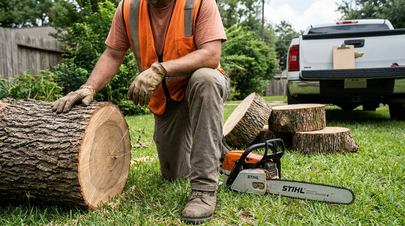 Houston Storm Damage Fallen Tree Removal worker in safety vest kneeling beside cut log with Stihl chainsaw on grass