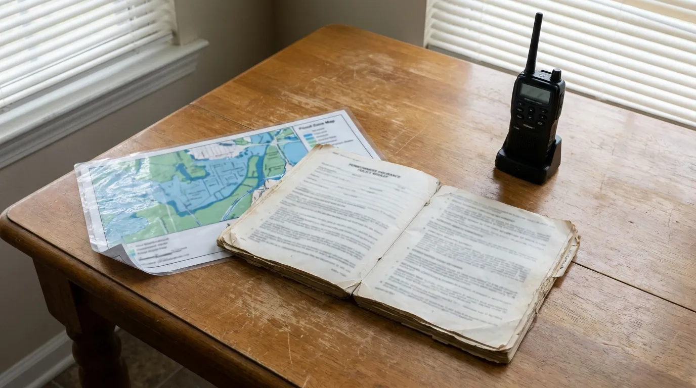 Houston Homeowners Insurance Policy Act Of God Clause homeowners insurance policy binder, flood zone map, and walkie-talkie on wooden table