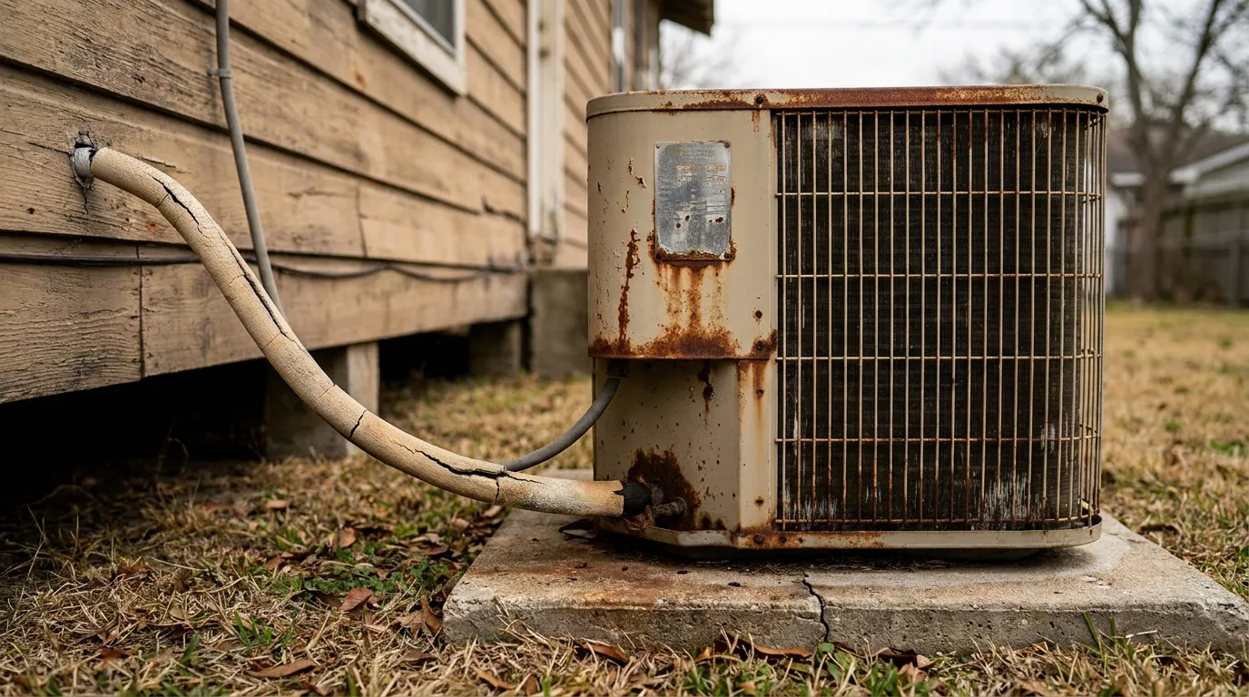 Rusted AC Unit Wear And Tear Houston Home heavily rusted outdoor AC unit with cracked insulation hose beside weathered house