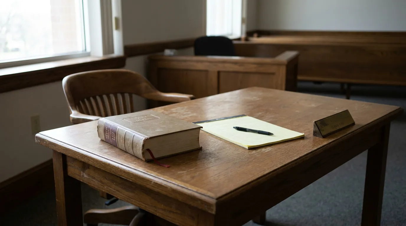 courtroom desk with legal book, notepad, pen, and nameplate