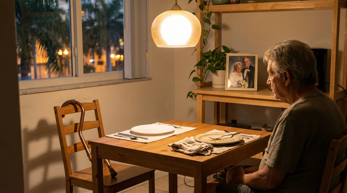 elderly man sitting alone at dinner table beside empty chair and framed wedding photo