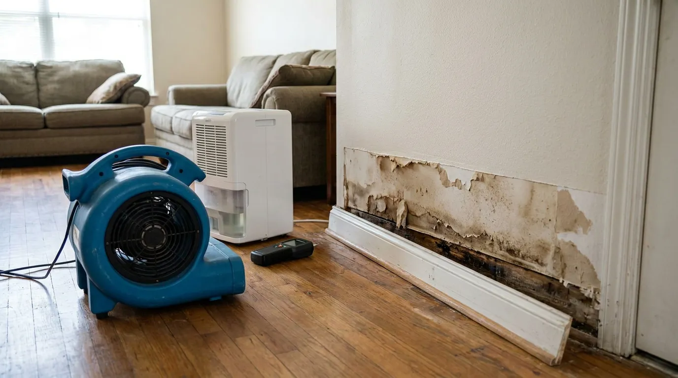 Houston Home Water Damage Seepage Claim Denial industrial air mover and dehumidifier beside mold-damaged peeling wall in residential living room