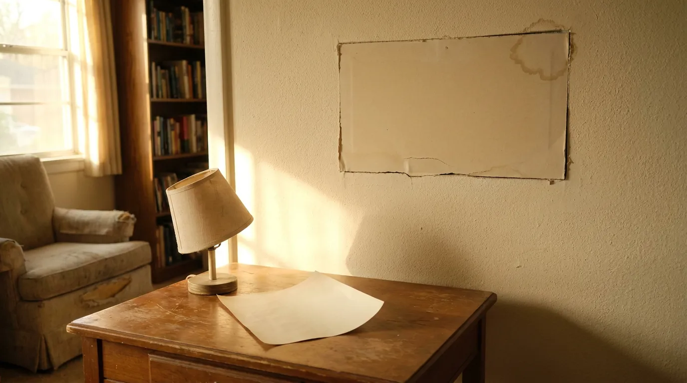 Houston Home Wall Damage Faulty Workmanship Claim residential room with damaged wall patch, desk lamp, and blank document