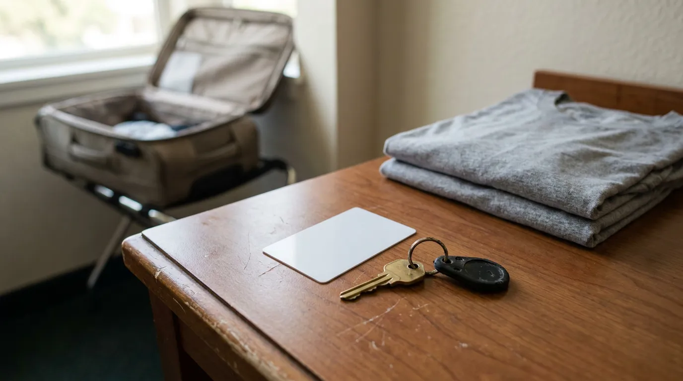 Houston Temporary Housing Coverage D Loss Of Use hotel room key card and metal key on wooden dresser beside folded clothing