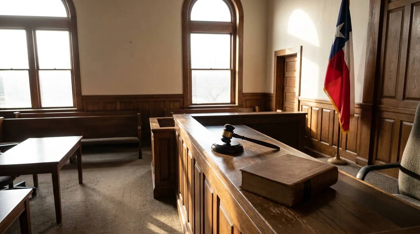empty Texas courtroom with judge's bench, gavel, legal book, and state flag