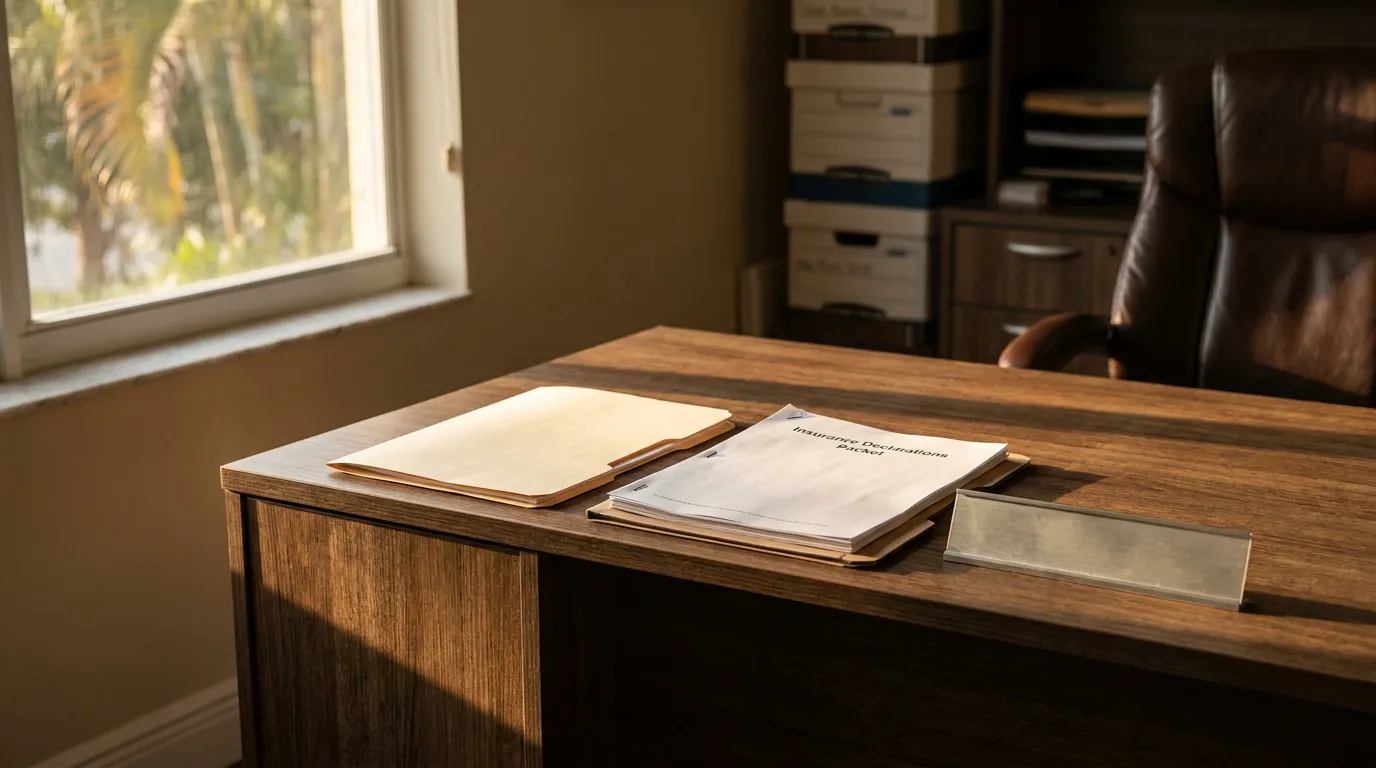 Insurance Declarations Packet document and manila folder on law office desk