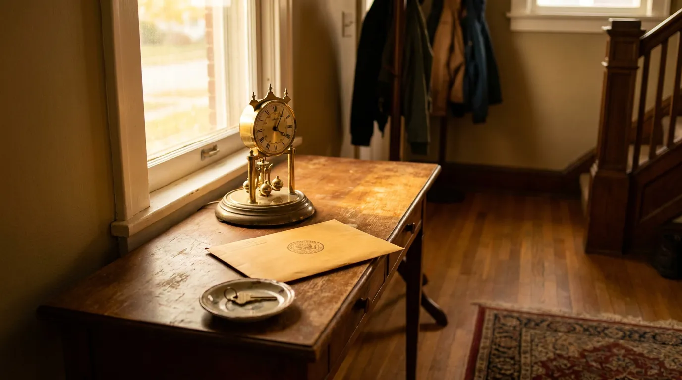 Illinois Will Contest Deadline Clock And Envelope antique brass clock and sealed envelope resting on wooden entryway table