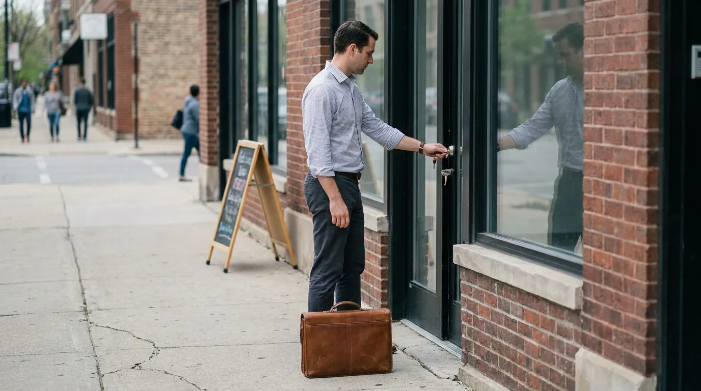 professional man with leather briefcase unlocking office door on city sidewalk