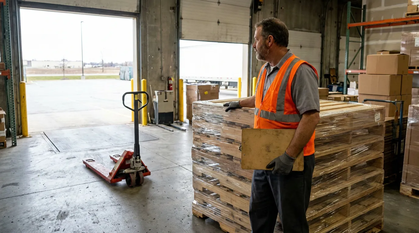 warehouse worker in safety vest holding clipboard beside wrapped pallet near loading dock