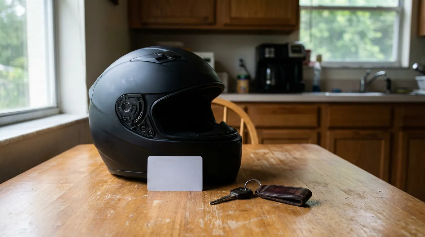 Florida Motorcycle Helmet And Insurance Card On Table full-face motorcycle helmet, blank card, and keys resting on wooden table