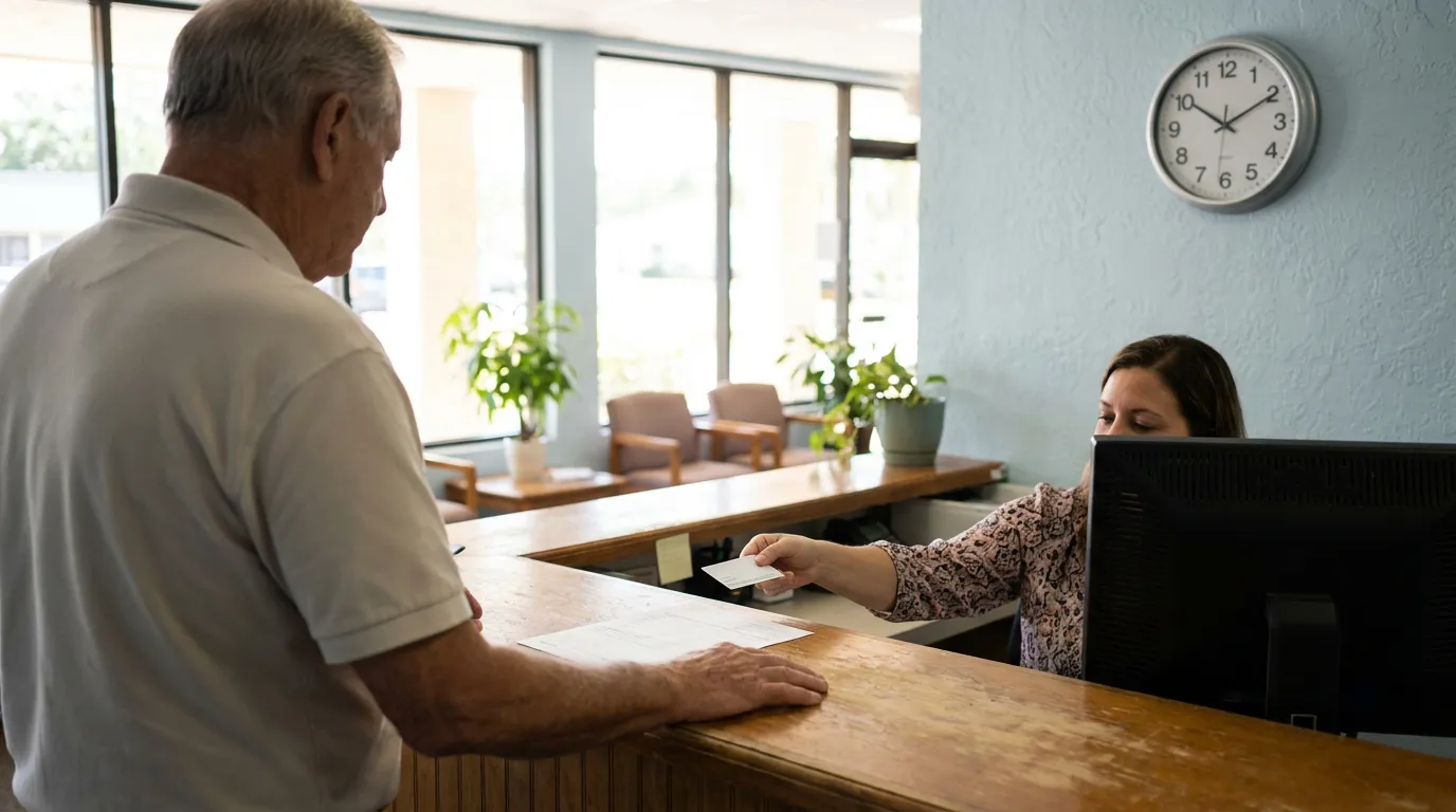 Florida Patient Checking In For Pip Treatment receptionist handing card to elderly man at professional office front desk