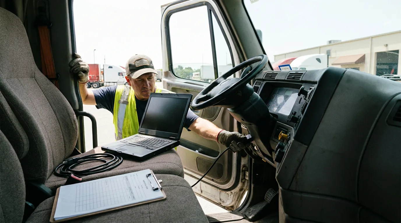 Florida Semi Truck Black Box Data Download technician in safety vest connecting laptop diagnostic tool inside commercial truck cab