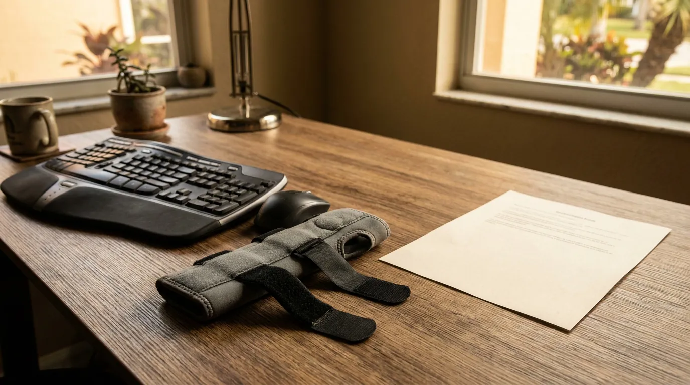 Wrist Brace And Ergonomic Keyboard Florida Desk wrist brace and legal document on office desk beside keyboard