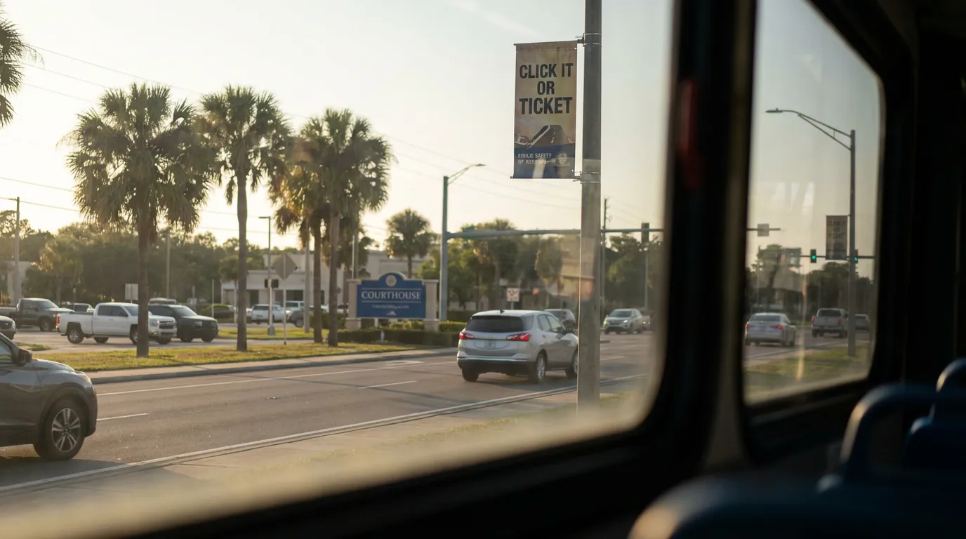 Click It Or Ticket Sign Florida Courthouse Click It or Ticket seatbelt safety banner on street pole near courthouse