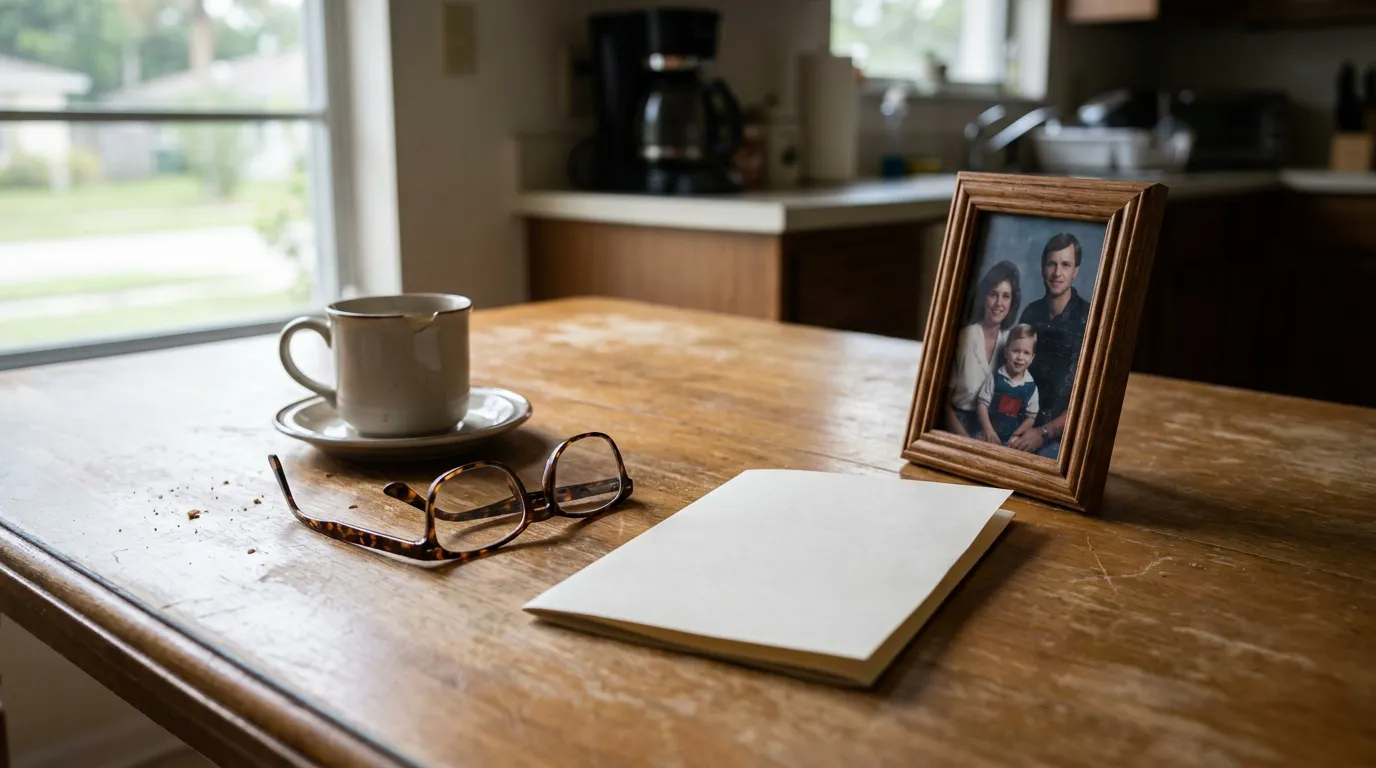 Florida Family Photo Free Kill Law Grief framed family portrait, open notebook, eyeglasses, and coffee cup on wooden kitchen table