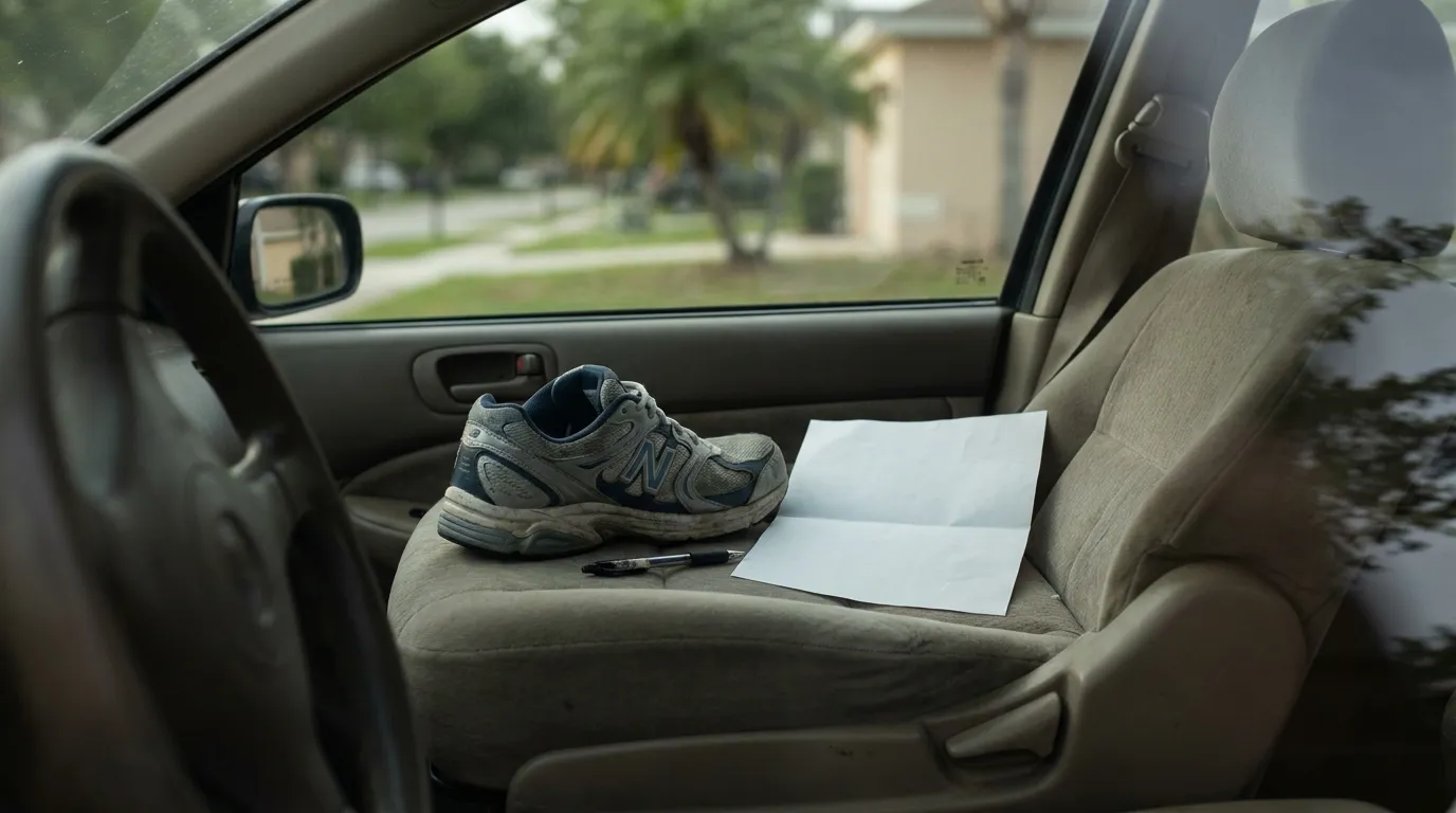 Florida Pedestrian Uninsured Motorist Accident Claim worn New Balance sneaker, pen, and paper document on car passenger seat