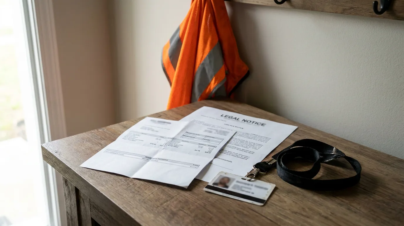 Layoff Legal Notice Rock Hill Chapter 13 Legal Notice document, worker ID badge, and safety vest on wooden table