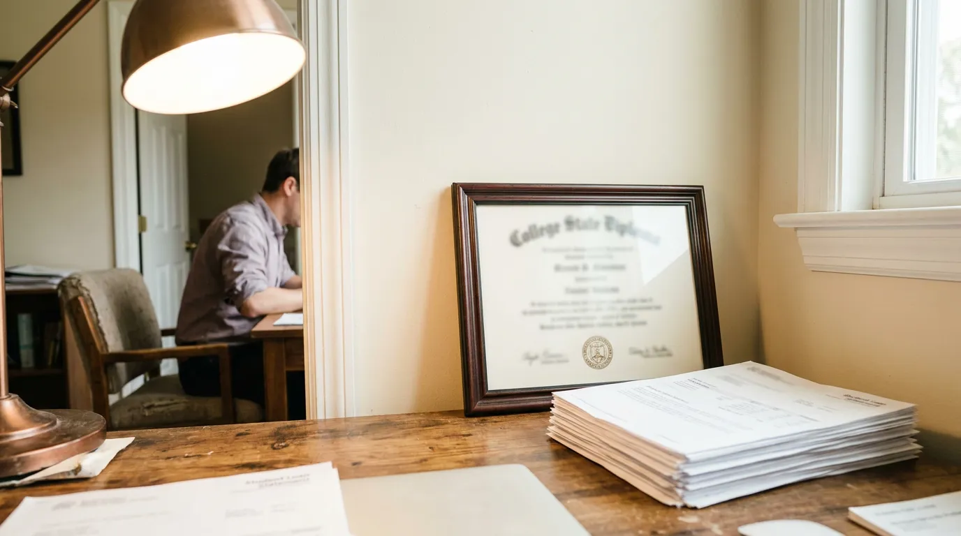 Rock Hill SC Diploma And Student Loan Paperwork framed College State Diploma on desk beside stacked legal documents and lamp