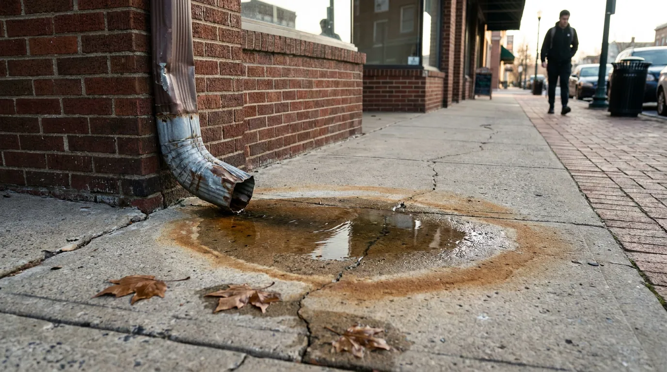 Recurring Puddle Hazard On Pennsylvania Sidewalk cracked sidewalk with water puddle from drainpipe and pedestrian walking nearby