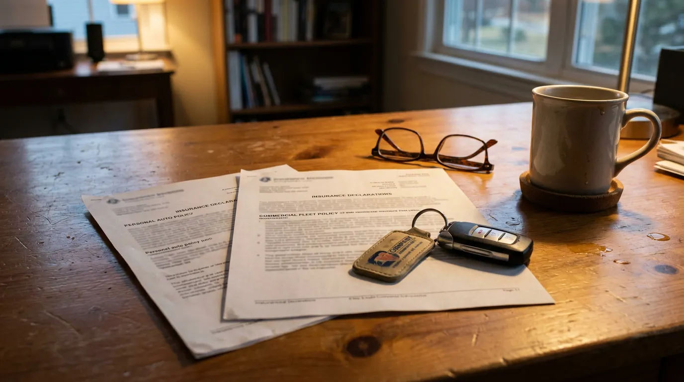 Pennsylvania Auto Insurance Policy And Car Keys Insurance Declarations personal auto and commercial fleet policy documents with car keys on desk