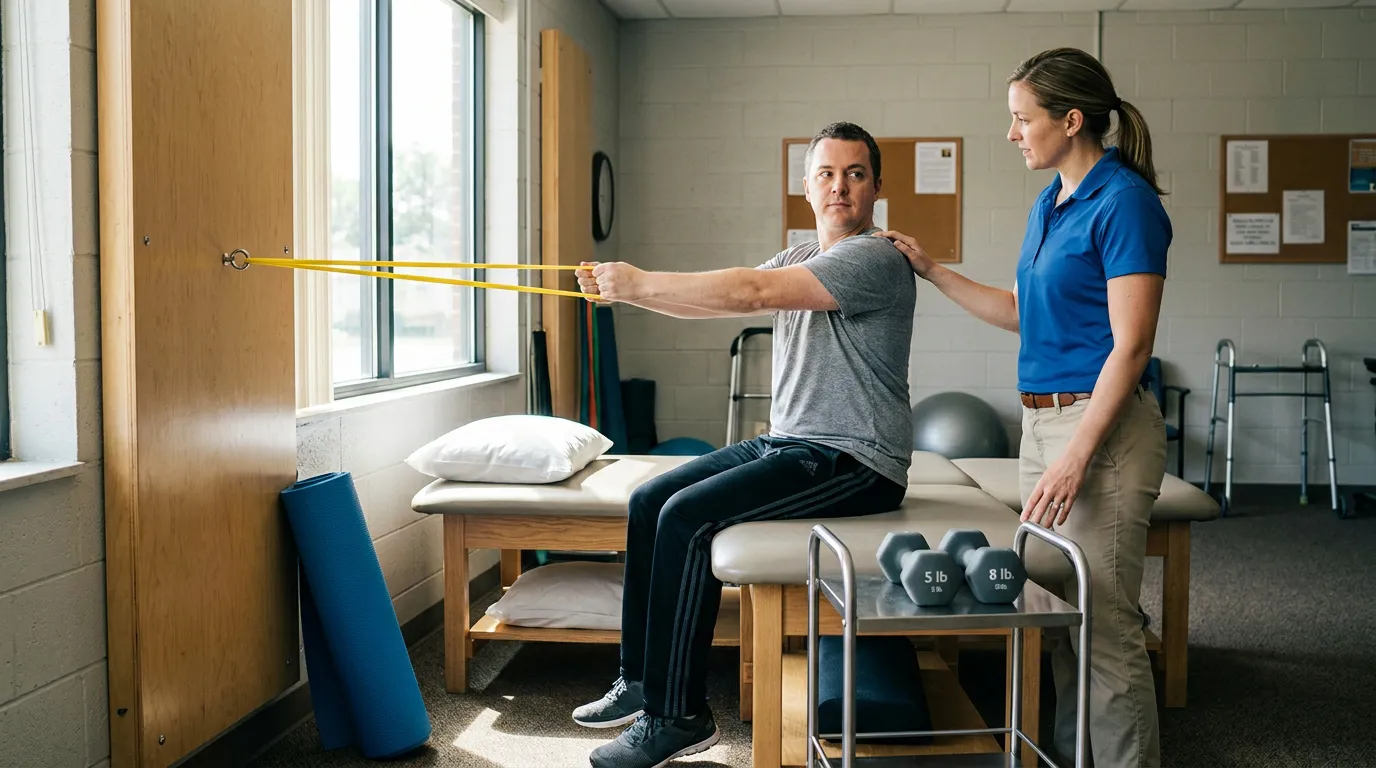 Pennsylvania First Party Benefits Physical Therapy Coverage physical therapist guiding seated male patient performing resistance band shoulder exercise