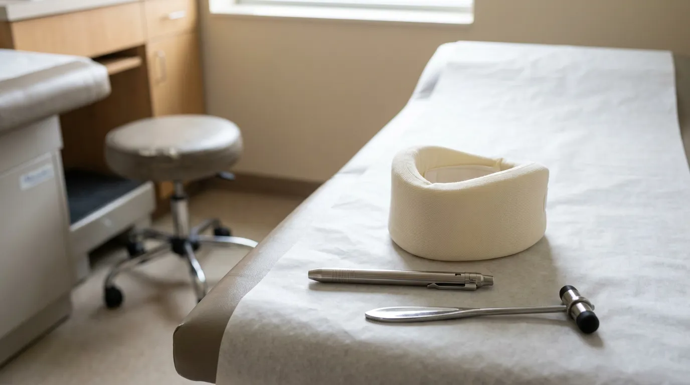 Neck Brace Exam Room Pennsylvania Whiplash Injury cervical neck brace and reflex hammer on medical examination table