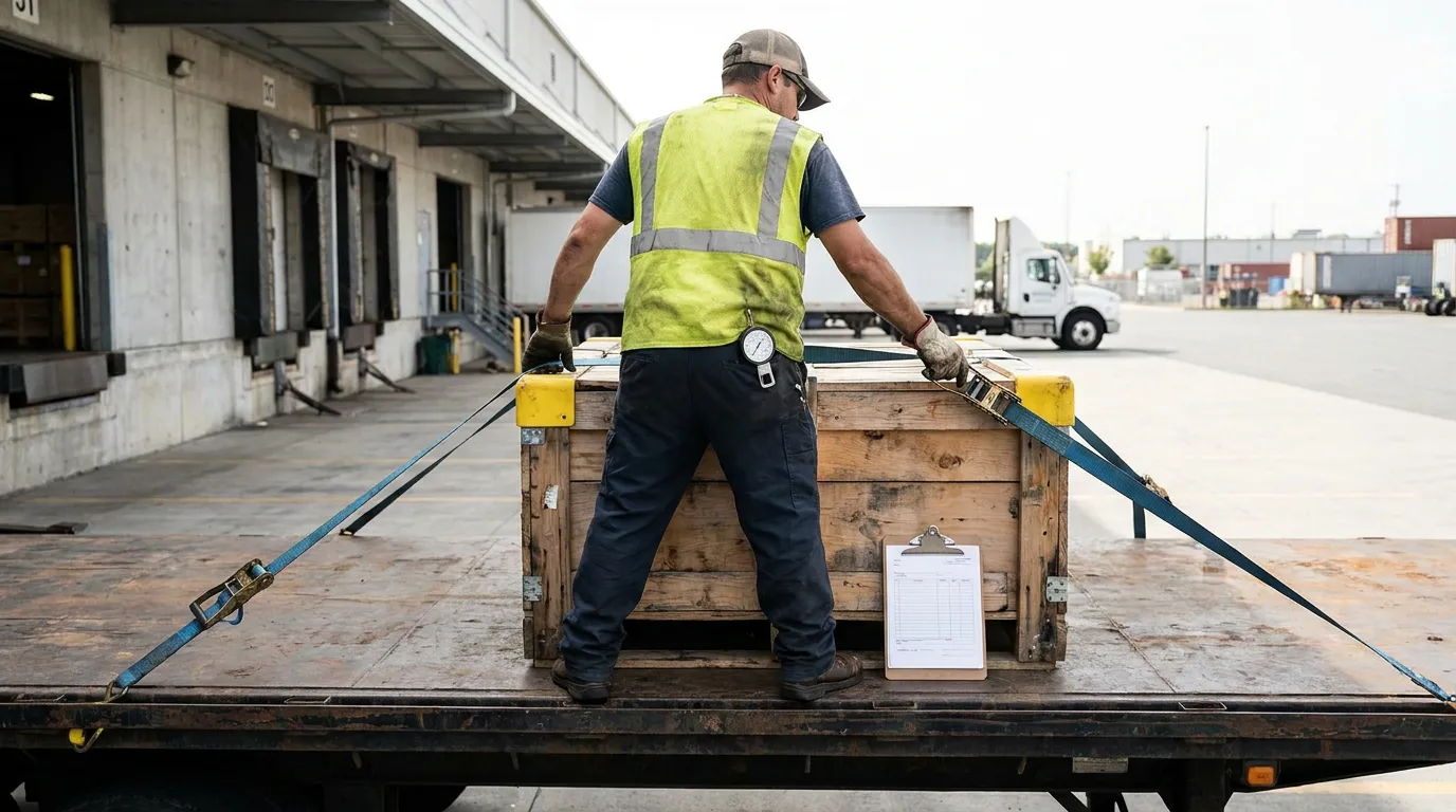 PA Truck Cargo Tiedown Securement Inspection warehouse worker in safety vest securing wooden crate on flatbed truck with clipboard