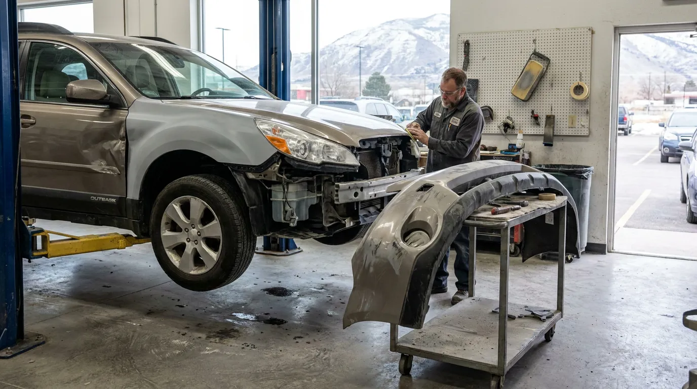 Alaska Car Accident Repair Shop Mitigating Damages mechanic inspecting collision-damaged Subaru Outback with removed bumper in auto body shop