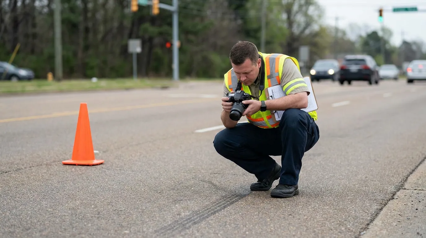 Investigator Documenting Stage Road Crash Scene Memphis investigator in safety vest photographing skid marks on road near traffic cone