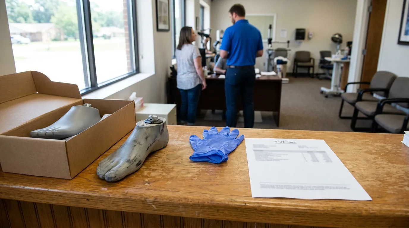 Prosthetic Foot Cost Estimate Columbus Mississippi Clinic prosthetic foot and cost estimate document on counter in prosthetics clinic