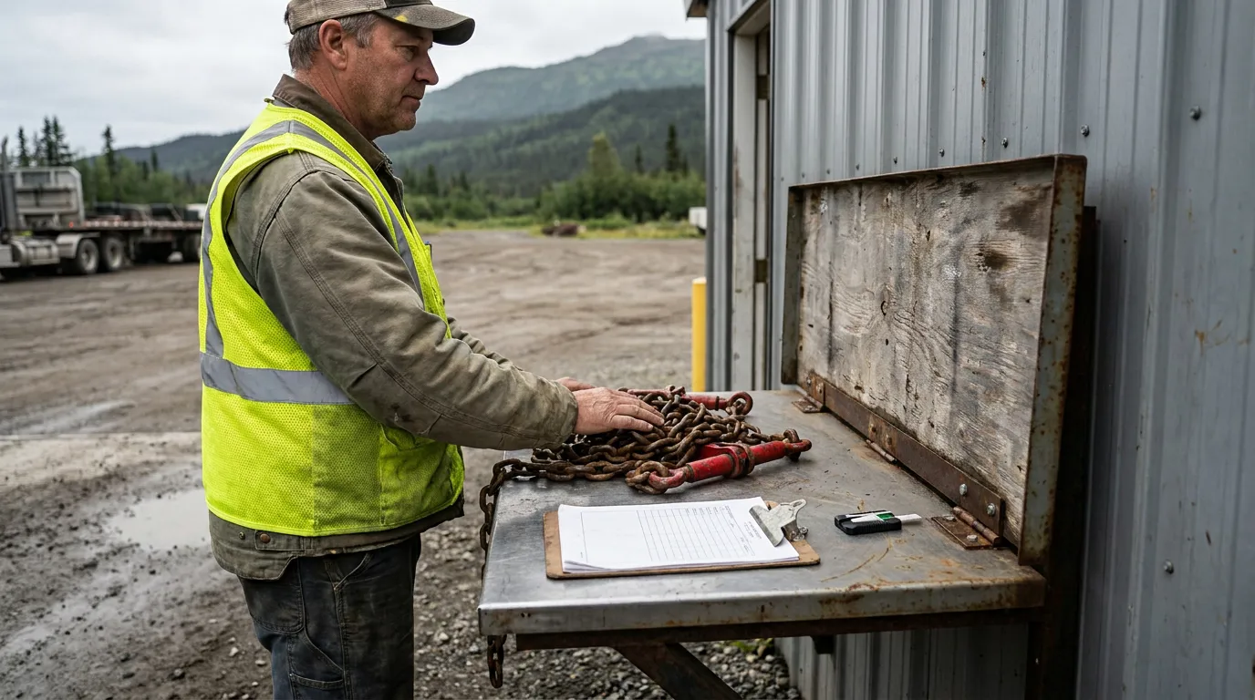 Alaska Trucker Inspecting Cargo Securement Chains worker in safety vest handling chains beside clipboard on outdoor worksite table
